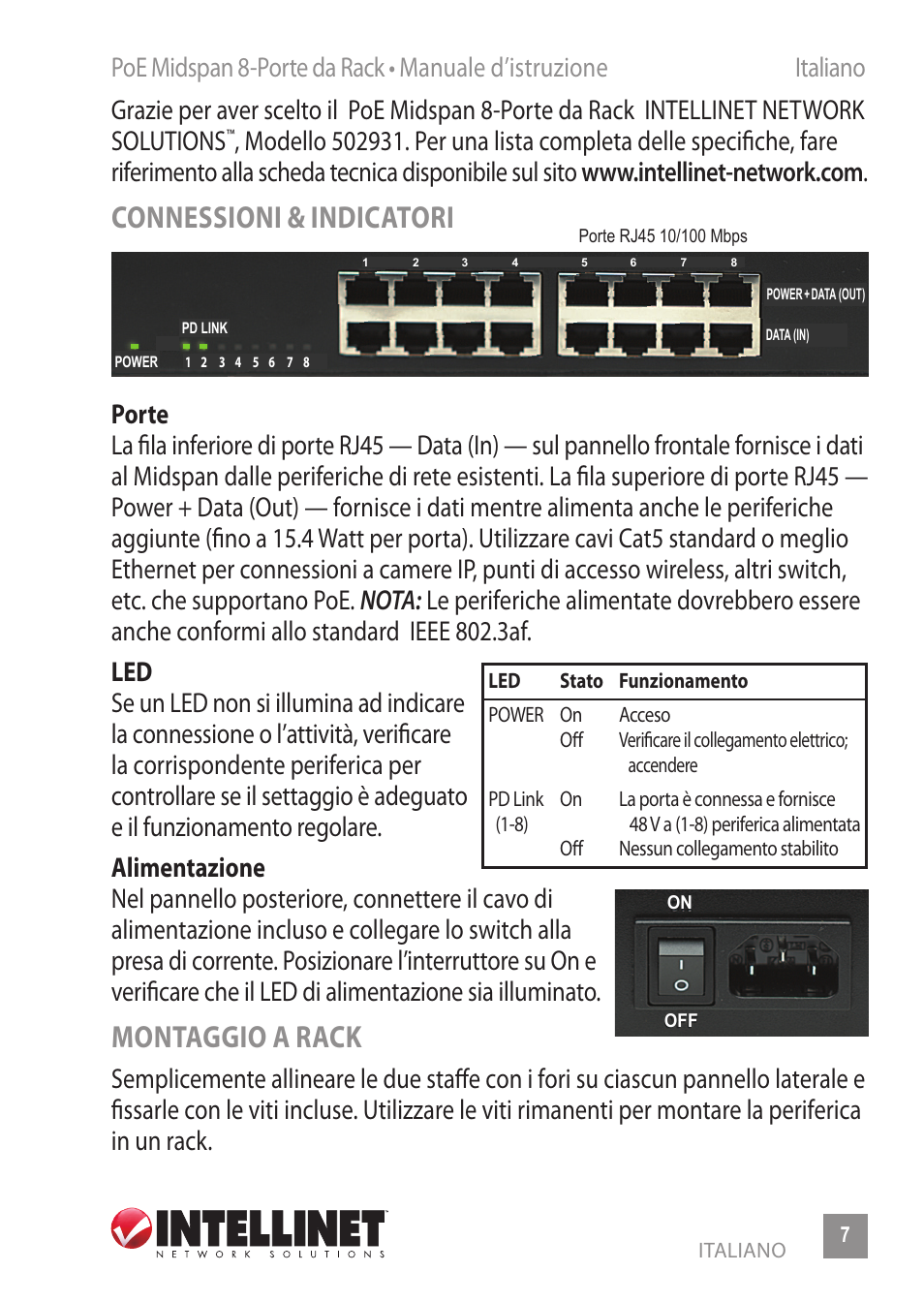 Connessioni & indicatori, Montaggio a rack | INTELLINET NETWORK 502931 8-Port Rackmount PoE Midspan User Manual | Page 7 / 12