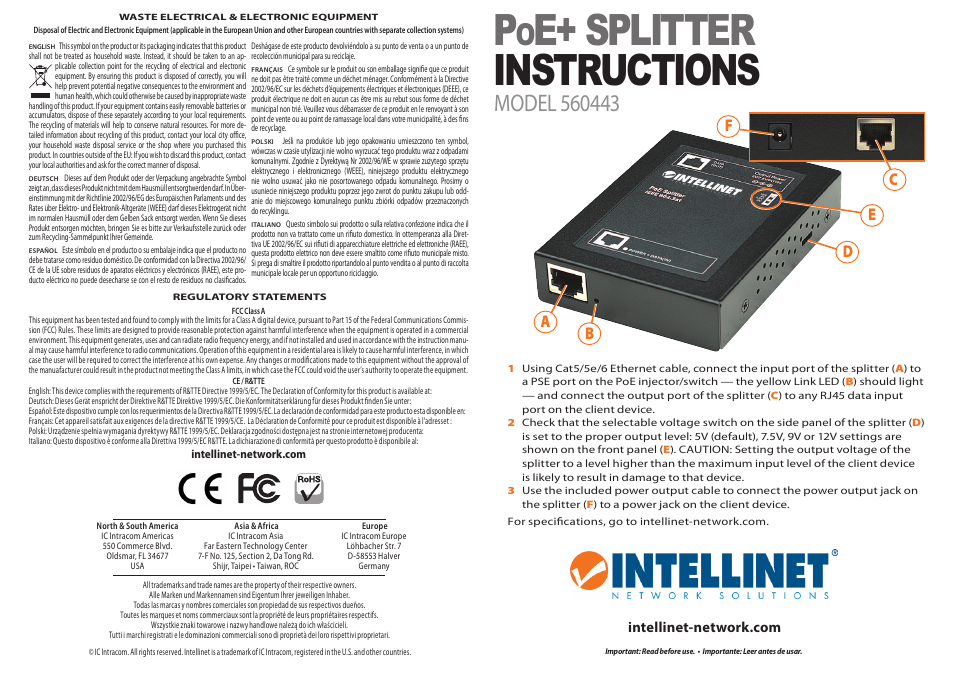 INTELLINET NETWORK 560443 PoE+ Splitter User Manual | 2 pages