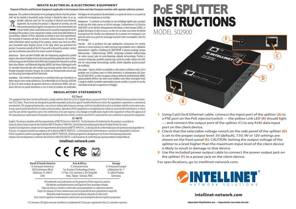 INTELLINET NETWORK 502900 PoE Splitter User Manual | 2 pages