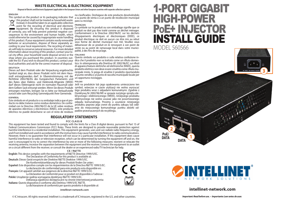 INTELLINET NETWORK 560566 1-Port Gigabit High-Power PoE+ Injector User Manual | 2 pages