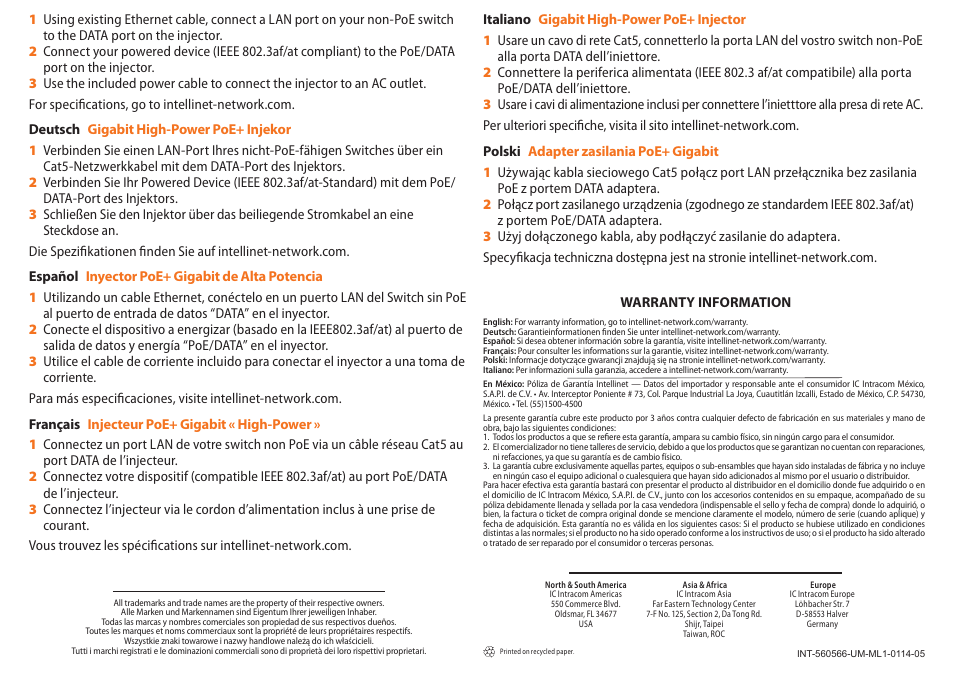 INTELLINET NETWORK 560566 1-Port Gigabit High-Power PoE+ Injector User Manual | Page 2 / 2