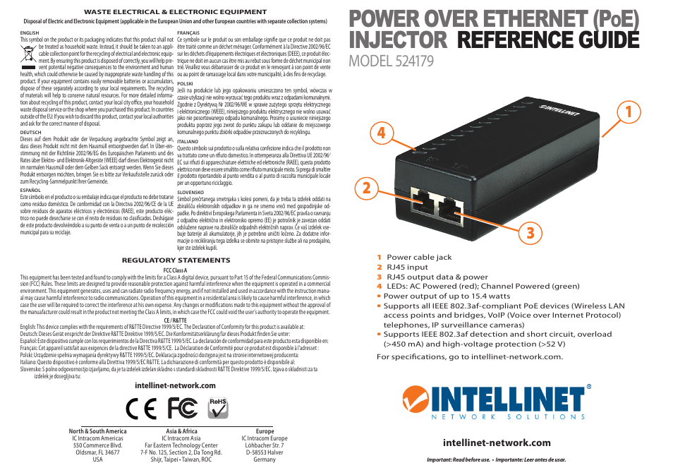 INTELLINET NETWORK 524179 Power over Ethernet (PoE) Injector User Manual | 2 pages