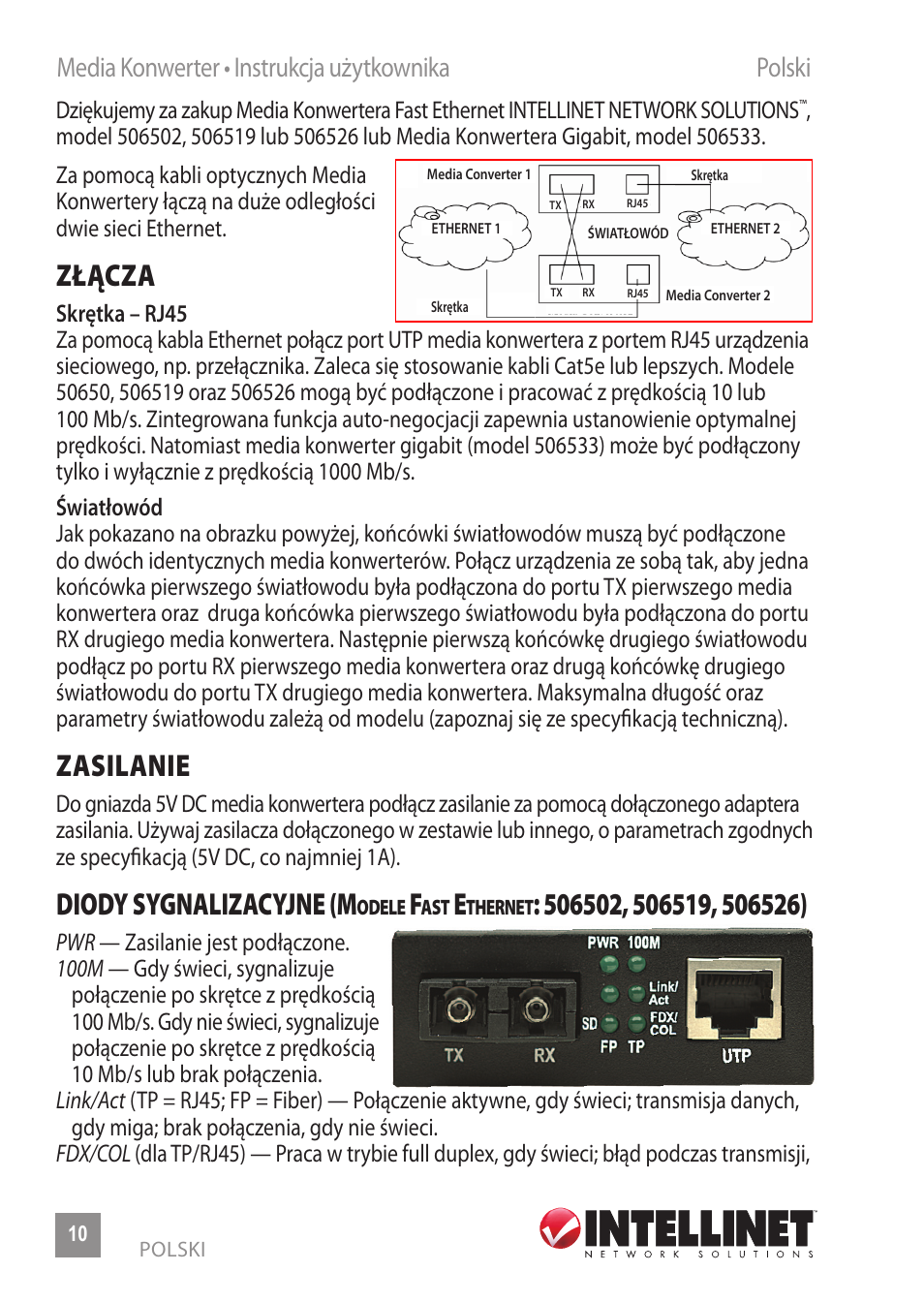 Złącza, Zasilanie, Diody sygnalizacyjne (m | Media konwerter • instrukcja użytkownika polski | INTELLINET NETWORK 506533 Fast Ethernet Media Converter User Manual | Page 10 / 20