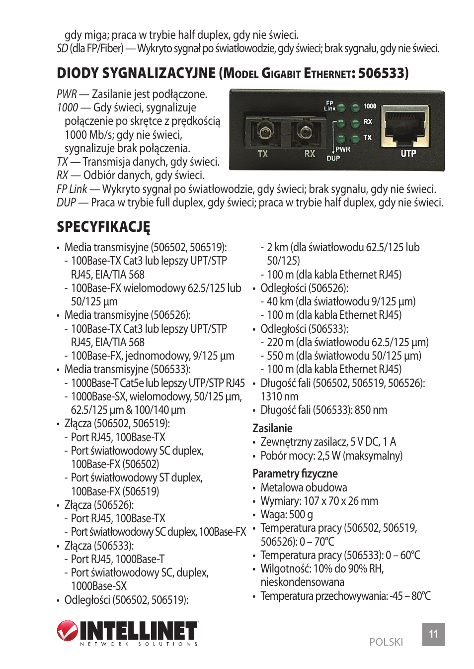 Diody sygnalizacyjne (m, Specyfikację | INTELLINET NETWORK 506533 Fast Ethernet Media Converter User Manual | Page 11 / 20