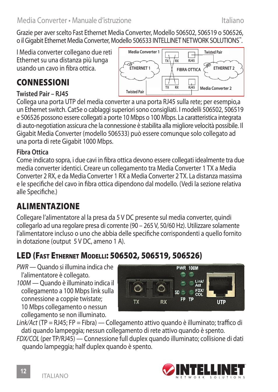 Connessioni, Alimentazione, Led (f | Media converter • manuale d’istruzione italiano | INTELLINET NETWORK 506533 Fast Ethernet Media Converter User Manual | Page 12 / 20