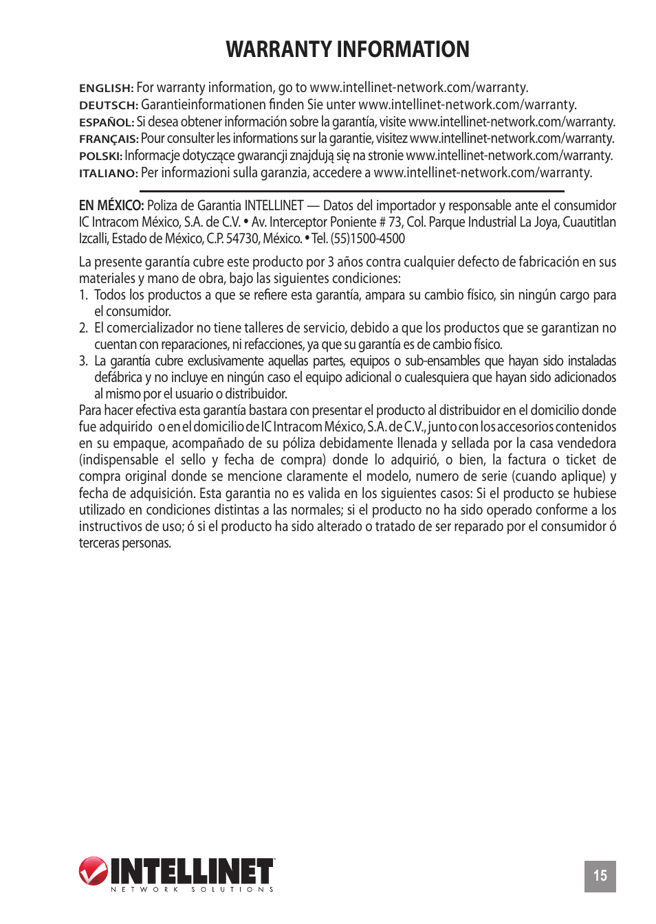 Warranty information | INTELLINET NETWORK 506533 Fast Ethernet Media Converter User Manual | Page 15 / 20