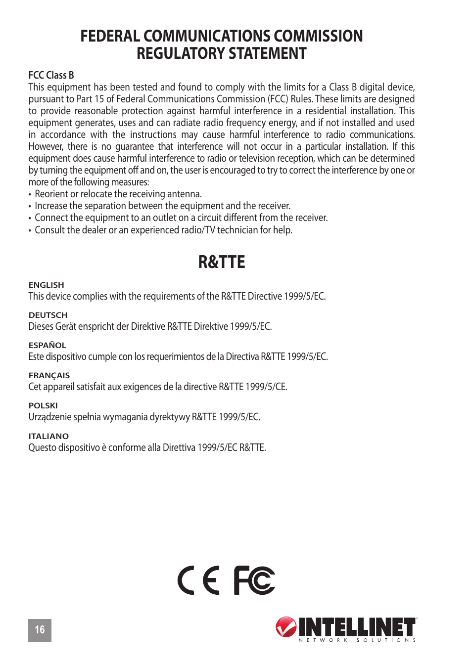 R&tte | INTELLINET NETWORK 506533 Fast Ethernet Media Converter User Manual | Page 16 / 20