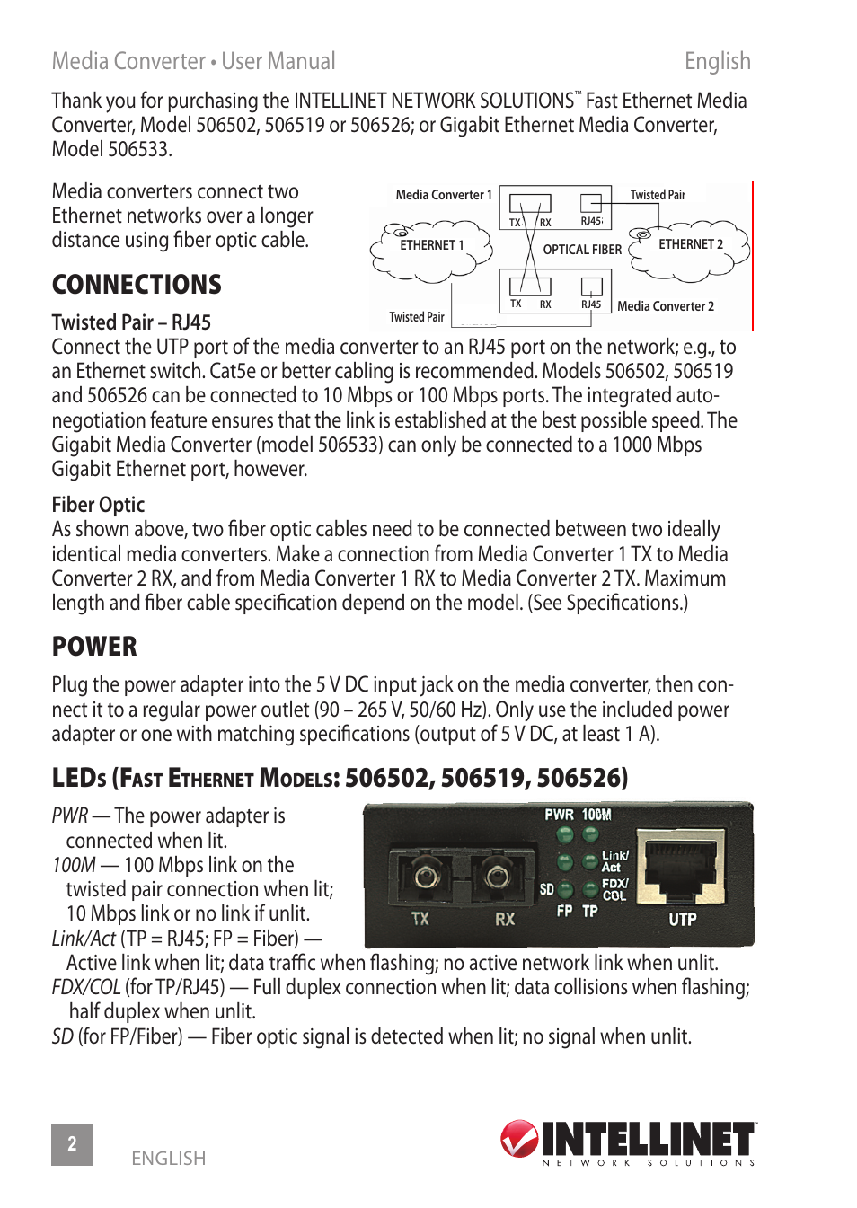 Connections, Power, Media converter • user manual english | INTELLINET NETWORK 506533 Fast Ethernet Media Converter User Manual | Page 2 / 20