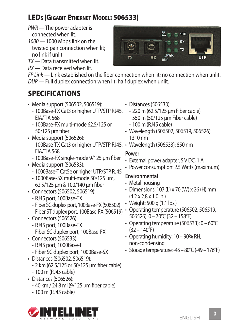 Specifications | INTELLINET NETWORK 506533 Fast Ethernet Media Converter User Manual | Page 3 / 20