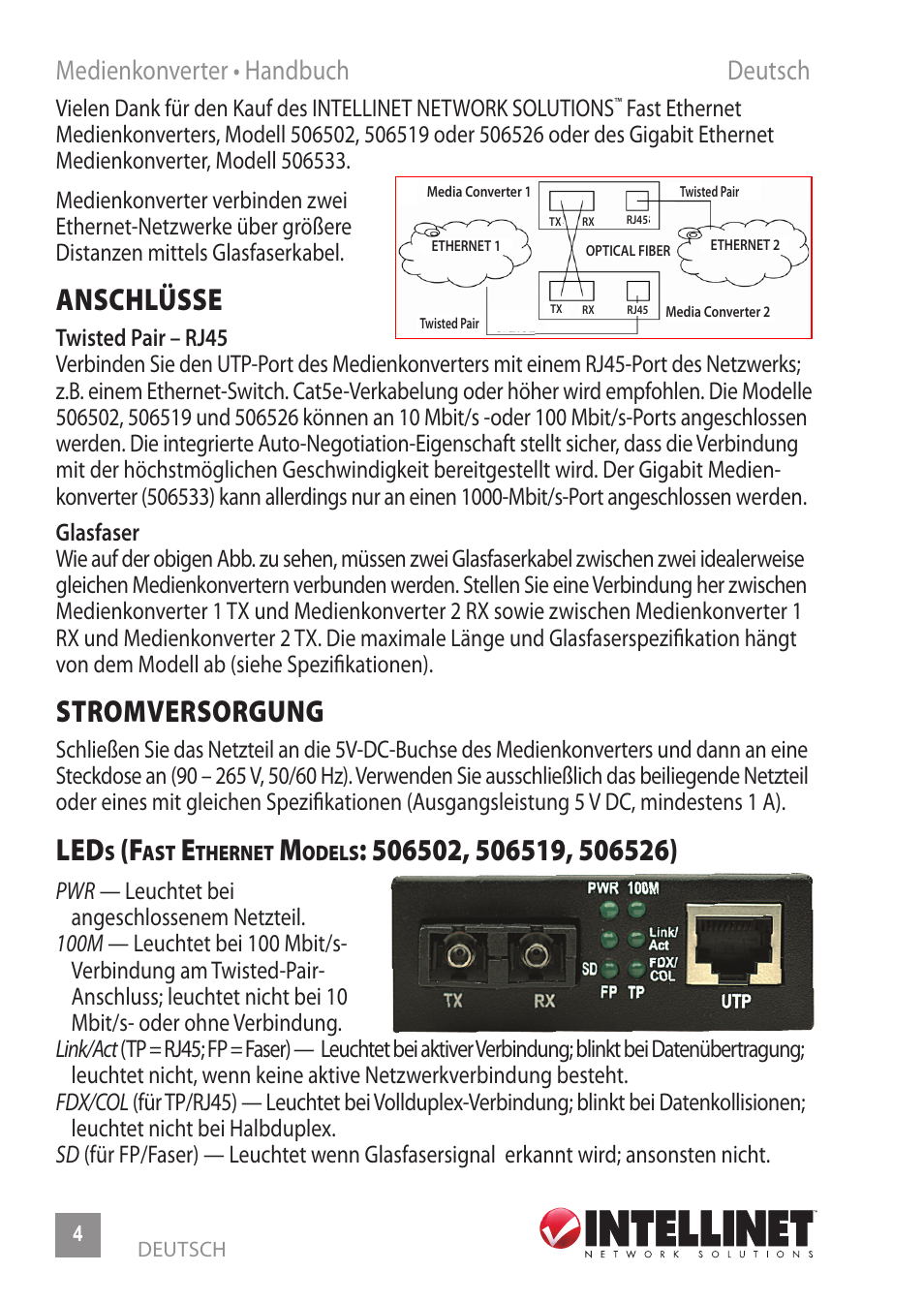 Anschlüsse, Stromversorgung, Medienkonverter • handbuch deutsch | INTELLINET NETWORK 506533 Fast Ethernet Media Converter User Manual | Page 4 / 20