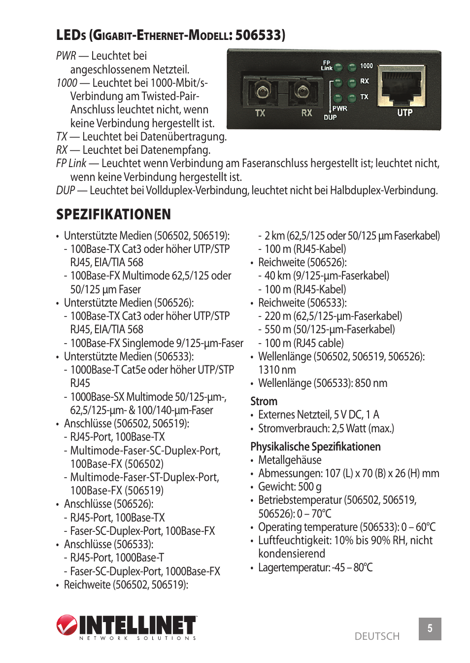 Spezifikationen | INTELLINET NETWORK 506533 Fast Ethernet Media Converter User Manual | Page 5 / 20