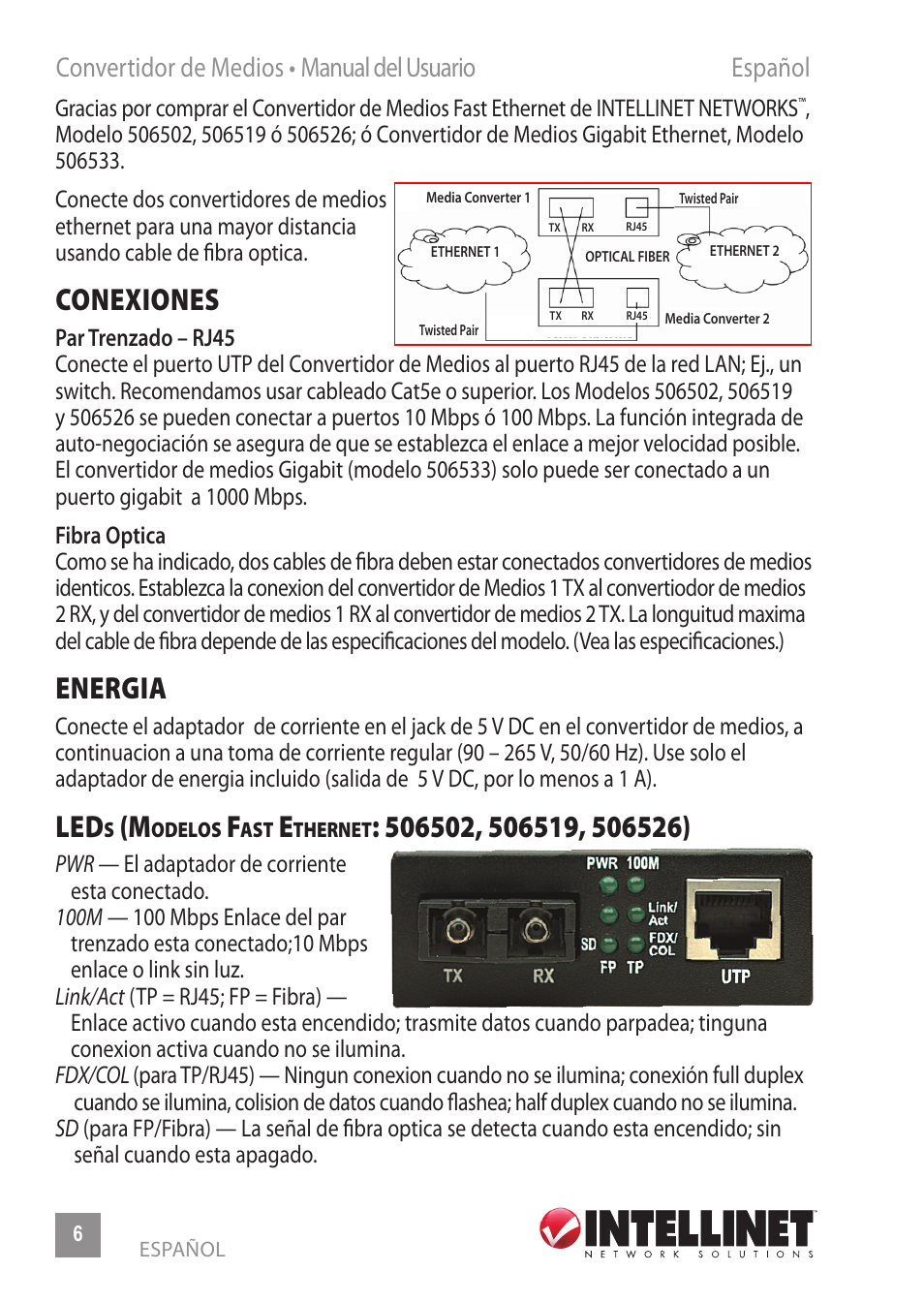 Conexiones, Energia, Convertidor de medios • manual del usuario español | INTELLINET NETWORK 506533 Fast Ethernet Media Converter User Manual | Page 6 / 20