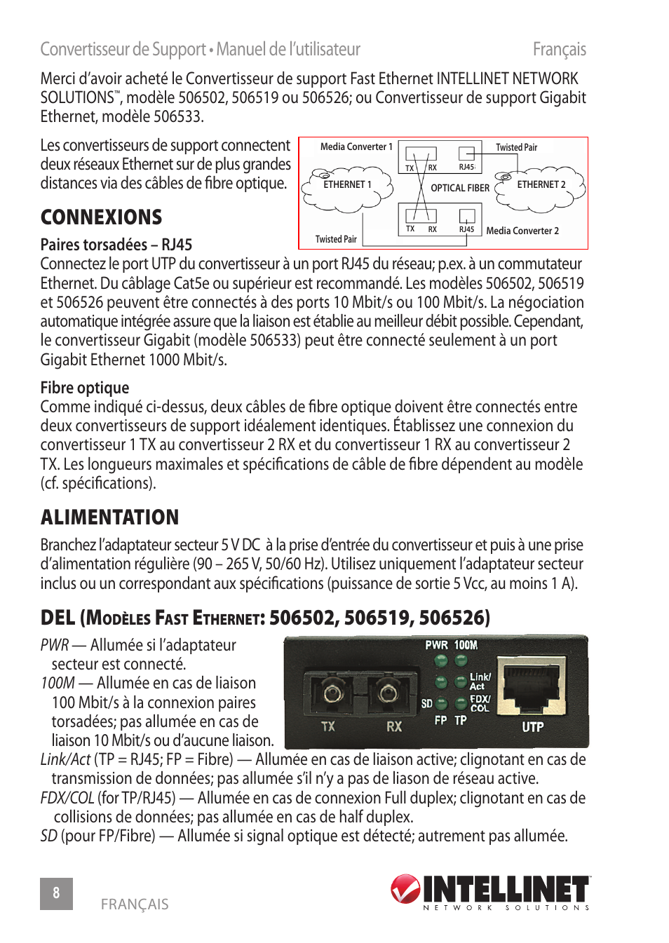 Connexions, Alimentation, Del (m | INTELLINET NETWORK 506533 Fast Ethernet Media Converter User Manual | Page 8 / 20