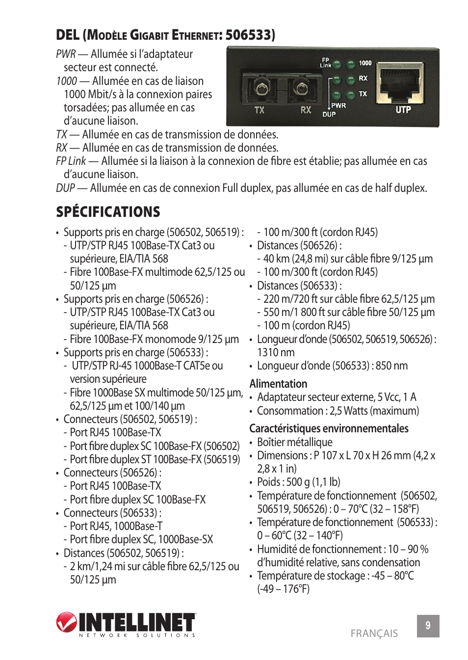 Del (m, Spécifications | INTELLINET NETWORK 506533 Fast Ethernet Media Converter User Manual | Page 9 / 20