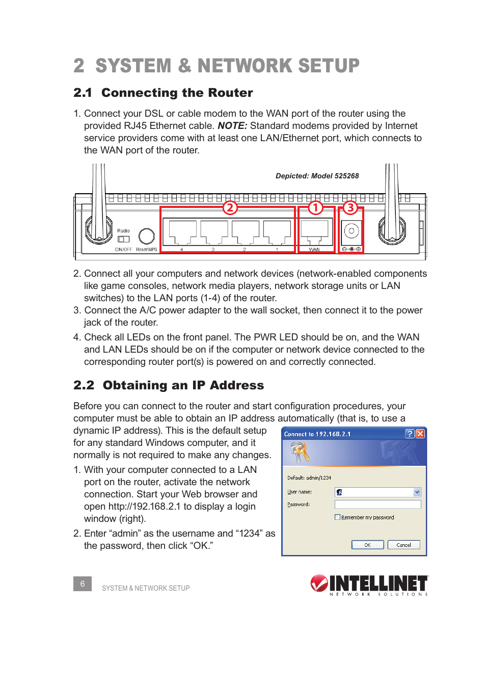 2 system & network setup, 1 connecting the router, 2 obtaining an ip address | INTELLINET NETWORK 525268 User Manual User Manual | Page 6 / 75