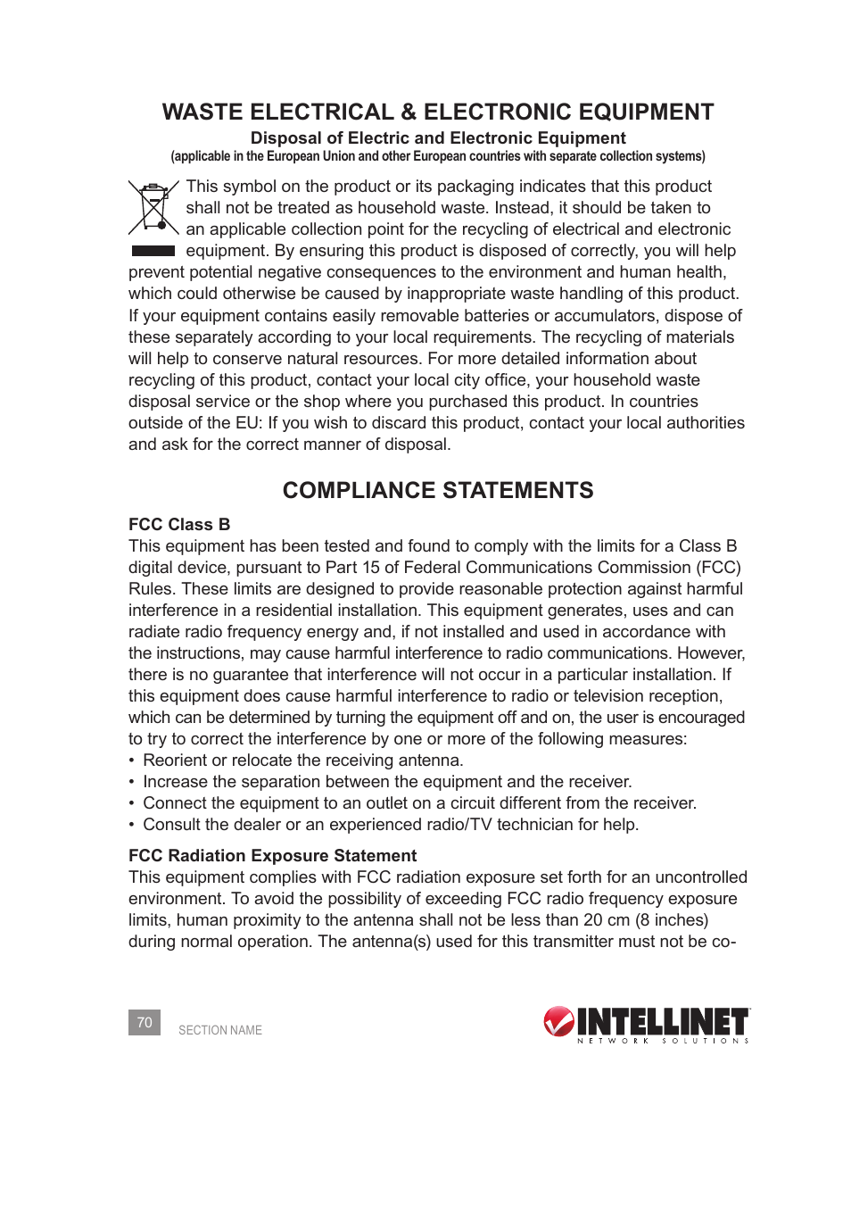Waste electrical & electronic equipment, Compliance statements | INTELLINET NETWORK 524988 User Manual User Manual | Page 70 / 72