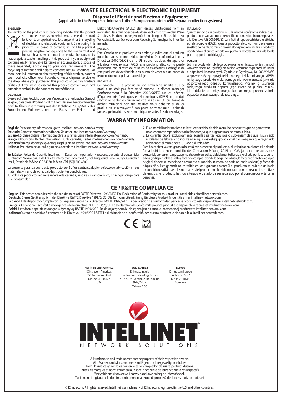 Waste electrical & electronic equipment, Warranty information, Ce / r&tte compliance | INTELLINET NETWORK 351898 Multifunction Cable Tester Quick Install Guide User Manual | Page 2 / 2