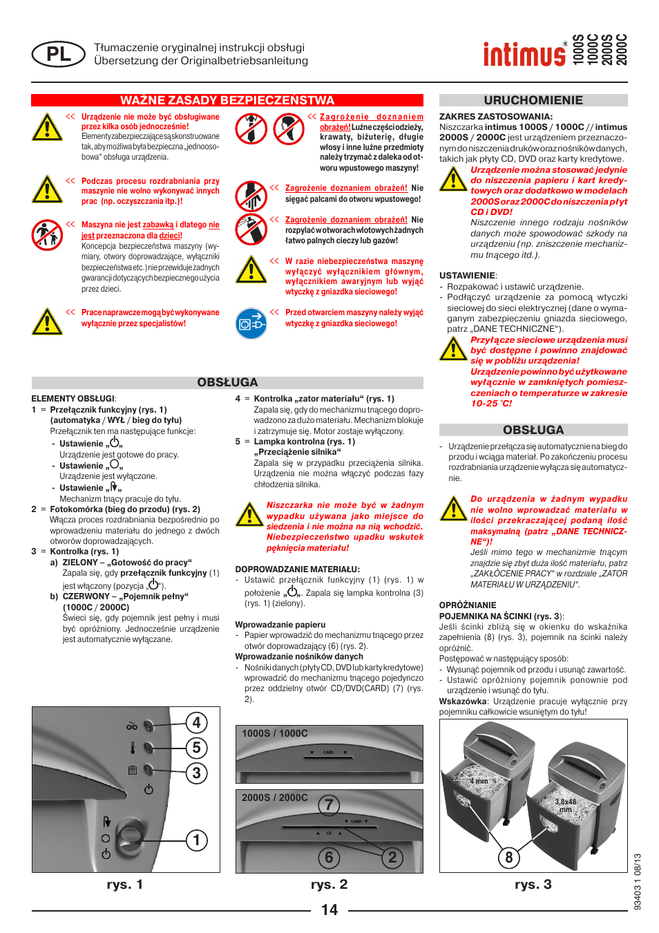 Rys. 1 rys. 2, Rys. 3, Ważne zasady bezpieczeństwa | Obsługa, Obsługa uruchomienie | intimus 2000 C User Manual | Page 14 / 24