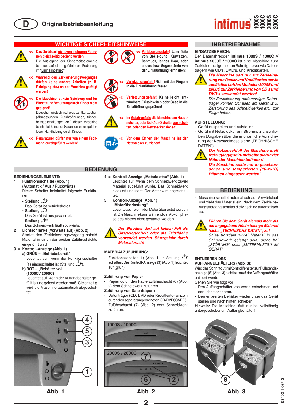 Originalbetriebsanleitung abb. 1 abb. 2 abb. 3, Wichtige sicherheitshinweise, Bedienung | Bedienung inbetriebnahme | intimus 2000 C User Manual | Page 2 / 24