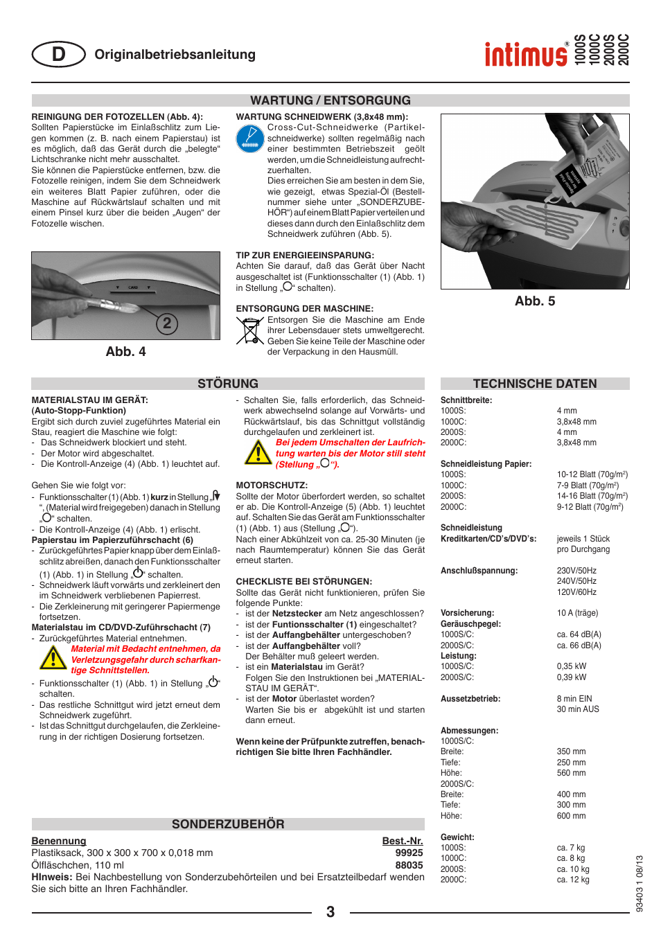 Originalbetriebsanleitung abb. 4 abb. 5, Wartung / entsorgung, Technische daten | Sonderzubehör störung | intimus 2000 C User Manual | Page 3 / 24
