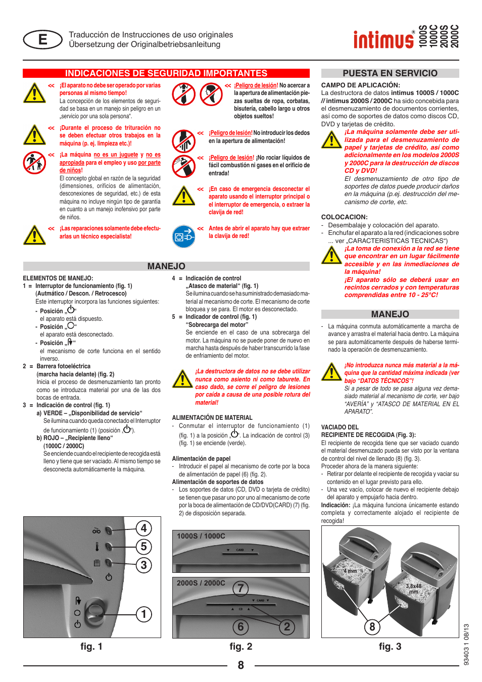Fig. 1 fig. 2 fig. 3, Indicaciones de seguridad importantes, Puesta en servicio manejo manejo | intimus 2000 C User Manual | Page 8 / 24