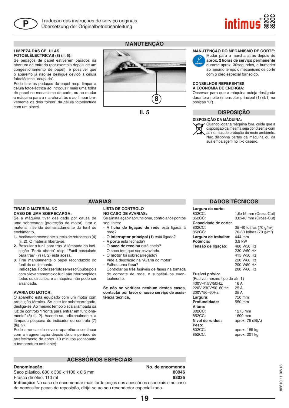 Il. 5, Manutenção, Avarias | Dados técnicos, Acessórios especiais, Disposição | intimus 802 CC User Manual | Page 19 / 56