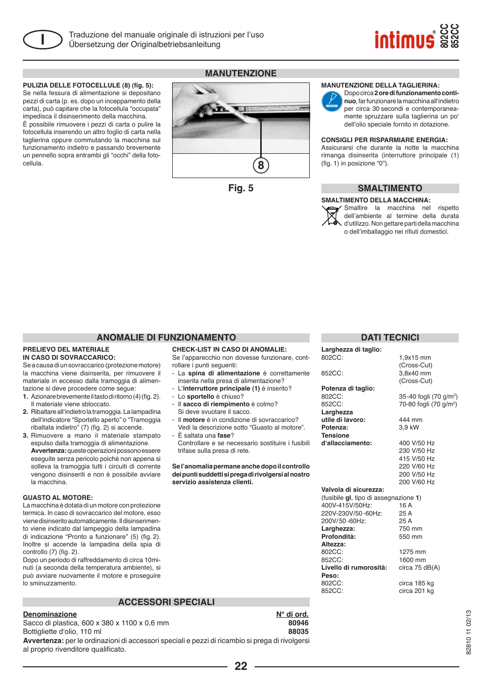 Fig. 5, Manutenzione, Anomalie di funzionamento | Dati tecnici, Accessori speciali, Smaltimento | intimus 802 CC User Manual | Page 22 / 56