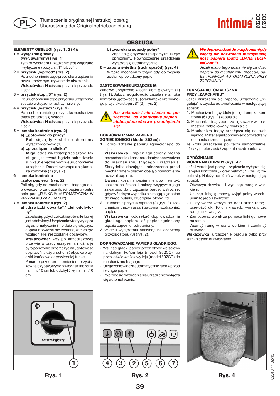 Rys. 1 rys. 2 rys. 4, Obsługa | intimus 802 CC User Manual | Page 39 / 56