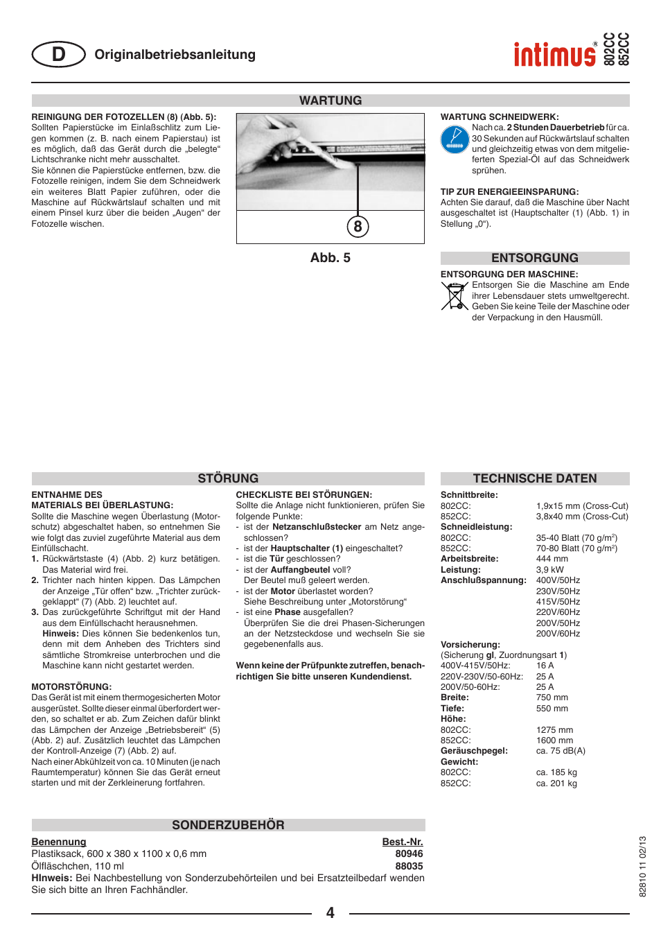 Abb. 5, Originalbetriebsanleitung, Wartung | Störung, Technische daten, Sonderzubehör, Entsorgung | intimus 802 CC User Manual | Page 4 / 56