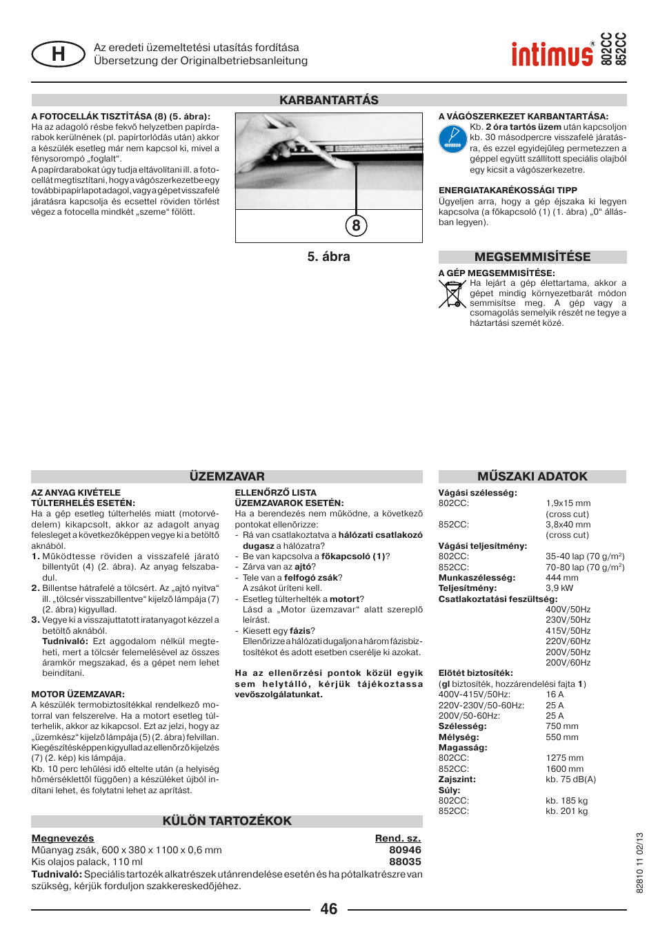 Ábra, Karbantartás, Üzemzavar | Műszaki adatok, Külön tartozékok, Megsemmisítése | intimus 802 CC User Manual | Page 46 / 56