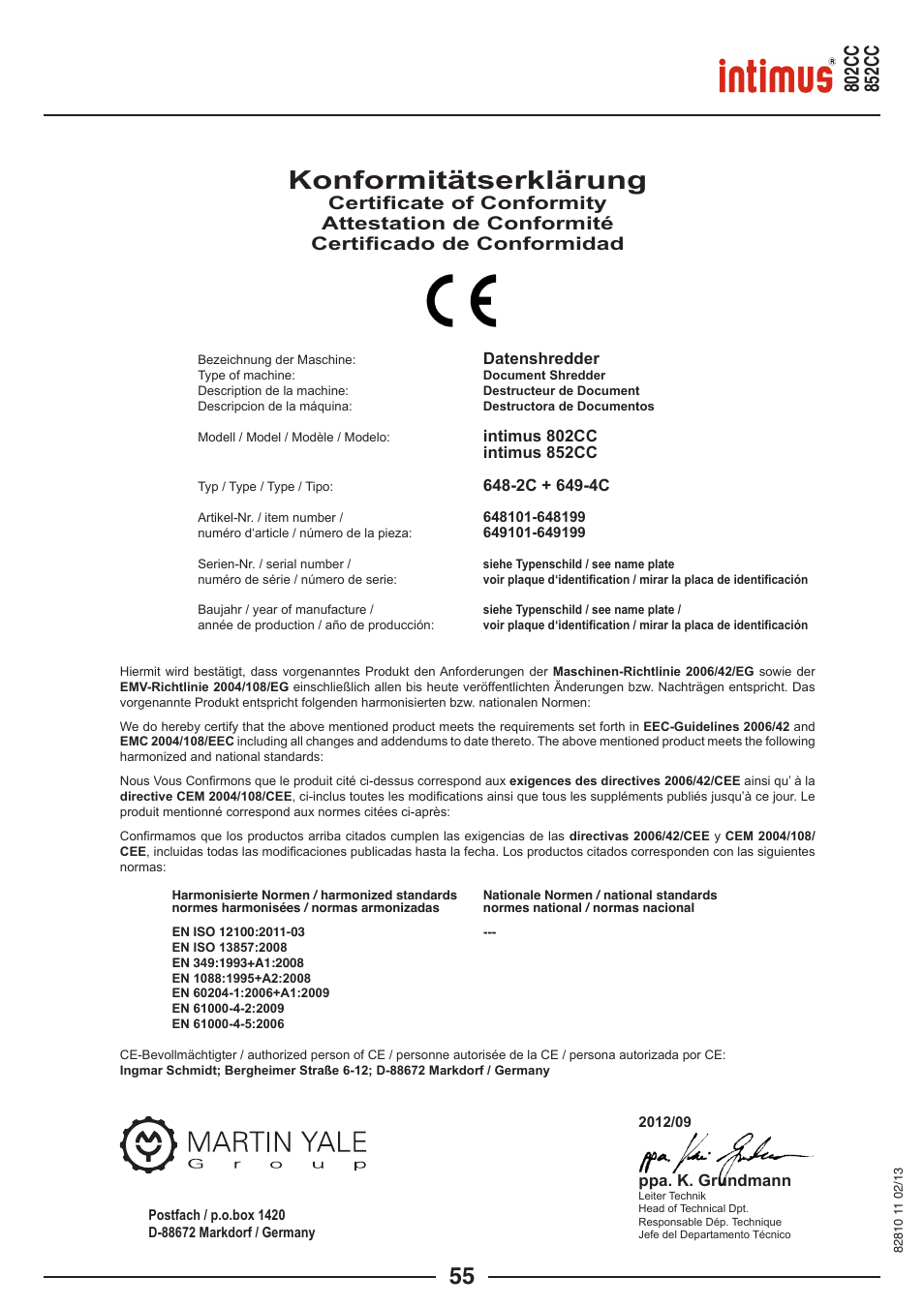 Konformitätserklärung | intimus 802 CC User Manual | Page 55 / 56