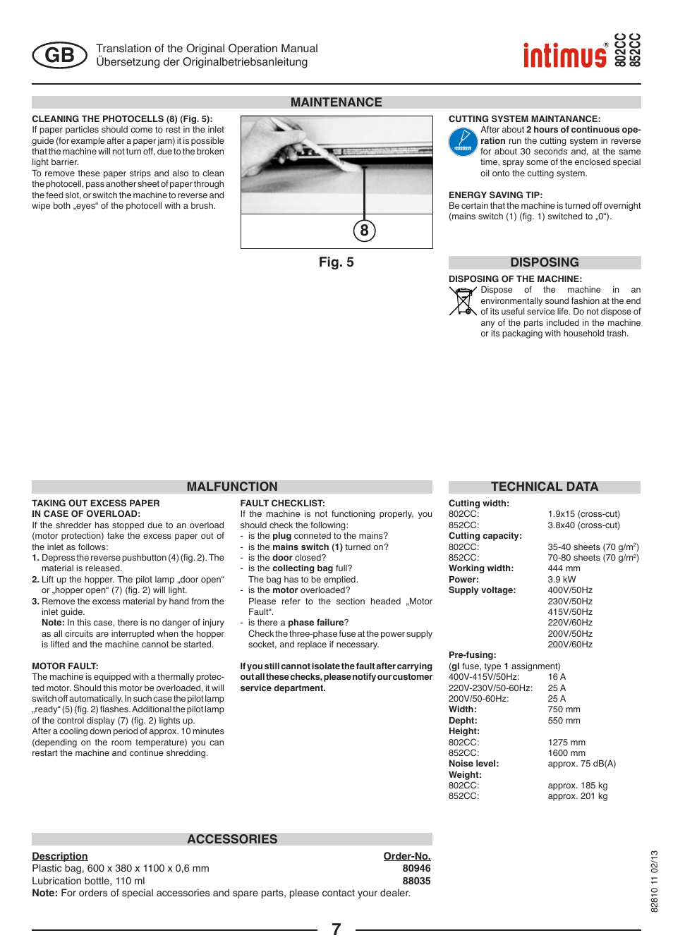 Fig. 5, Maintenance, Accessories malfunction | Technical data, Disposing | intimus 802 CC User Manual | Page 7 / 56
