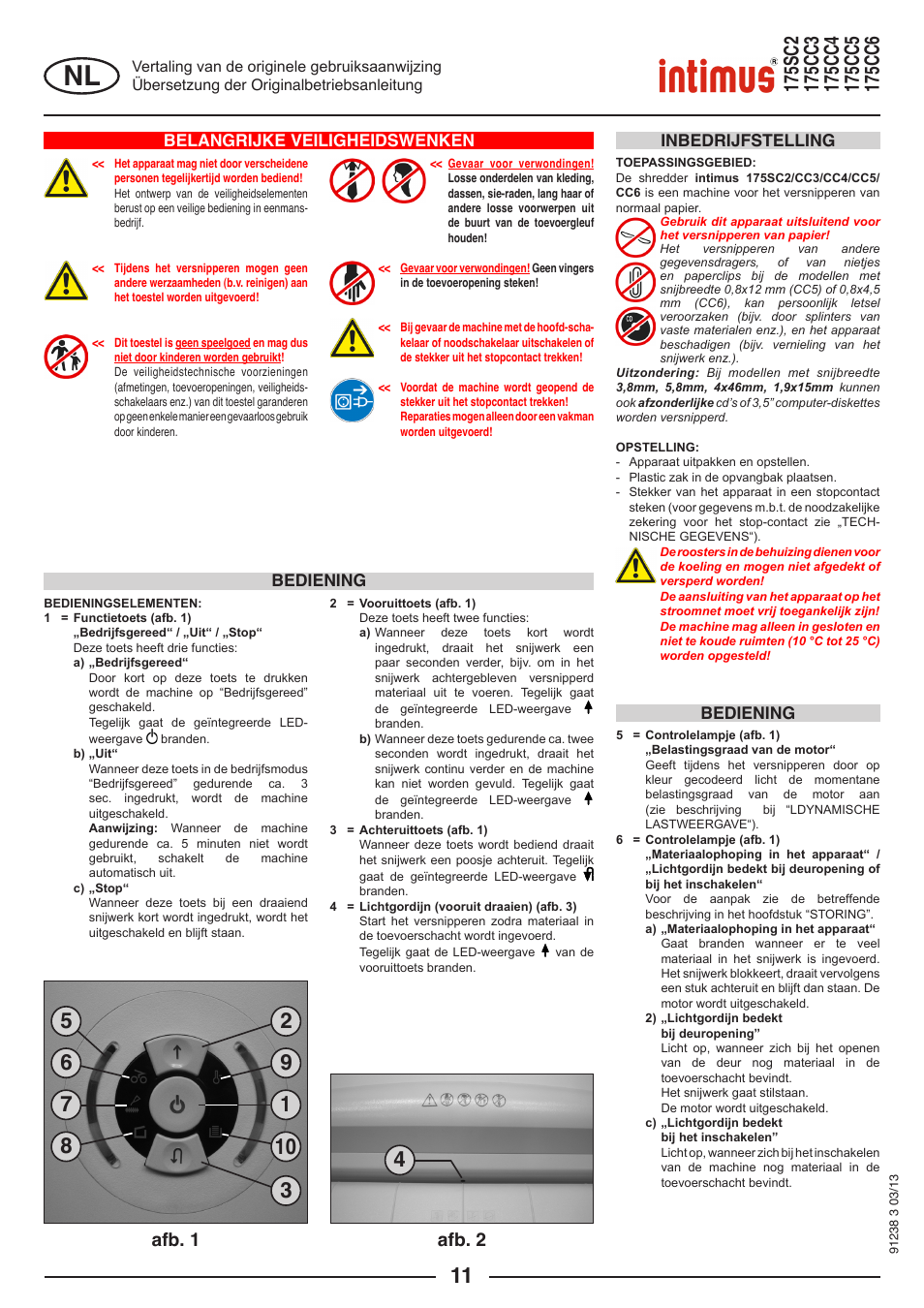Afb. 1 afb. 2, Belangrijke veiligheidswenken, Bediening inbedrijfstelling | Bediening | intimus 175 CC5 User Manual | Page 11 / 56
