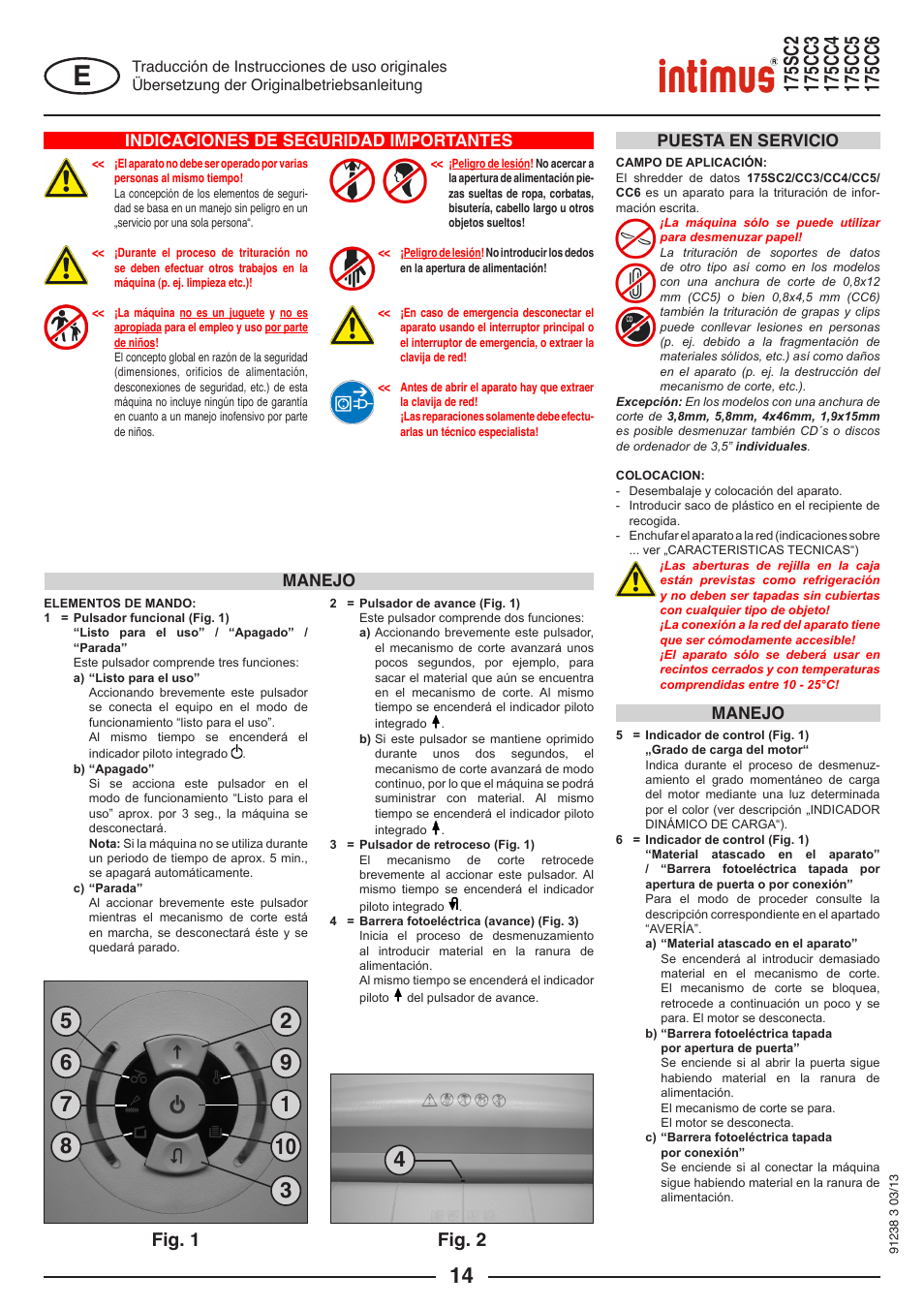 Fig. 2, Fig. 1, Indicaciones de seguridad importantes | Manejo puesta en servicio, Manejo | intimus 175 CC5 User Manual | Page 14 / 56