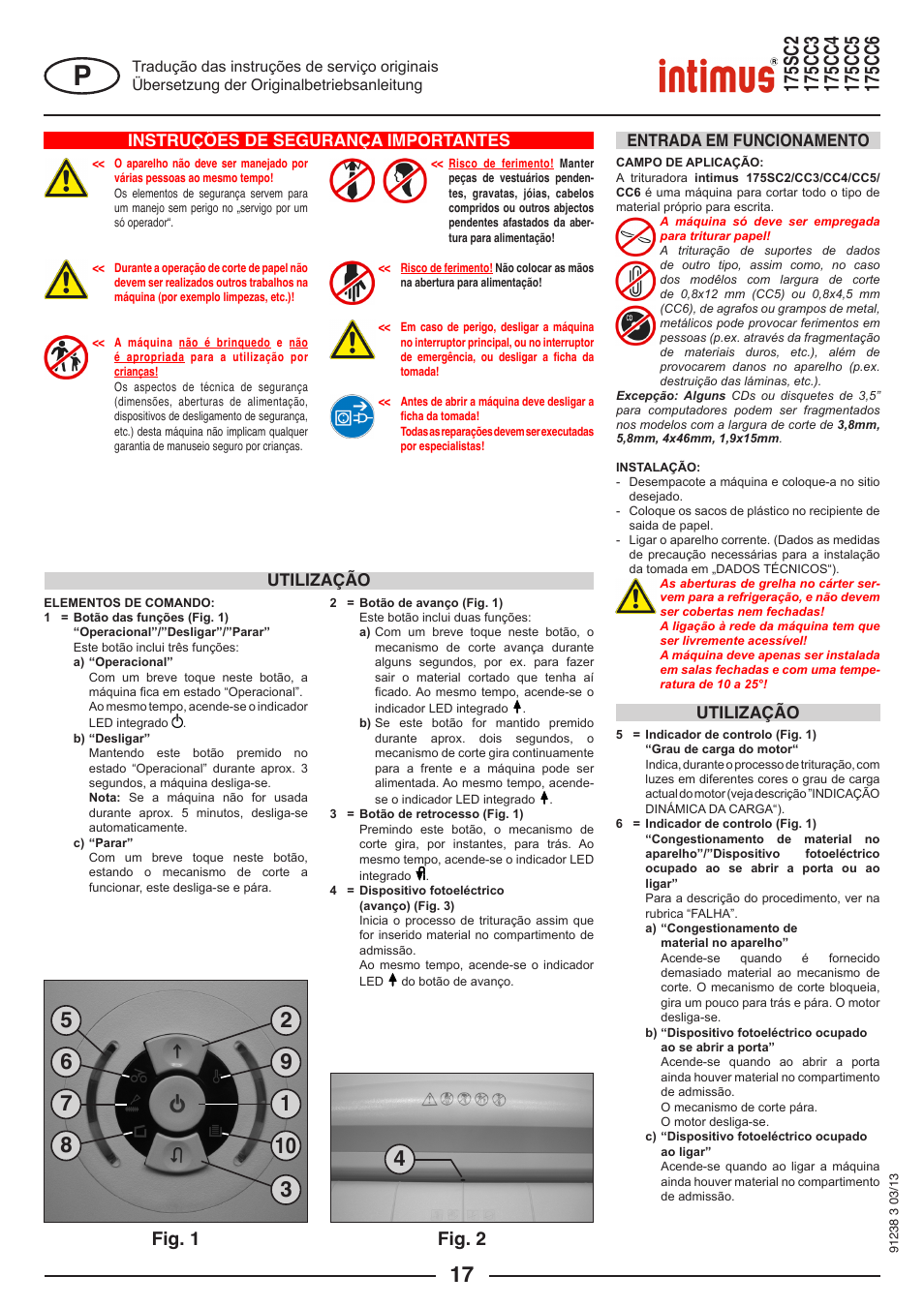 Fig. 2, Fig. 1, Instruções de segurança importantes | Utilização entrada em funcionamento, Utilização | intimus 175 CC5 User Manual | Page 17 / 56