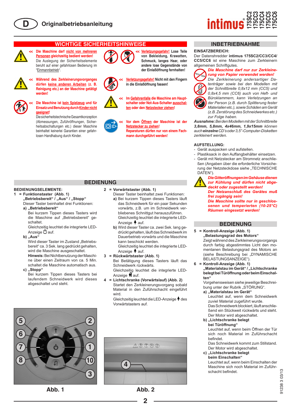 Originalbetriebsanleitung, Abb. 1 abb. 2, Wichtige sicherheitshinweise | Bedienung inbetriebnahme bedienung | intimus 175 CC5 User Manual | Page 2 / 56