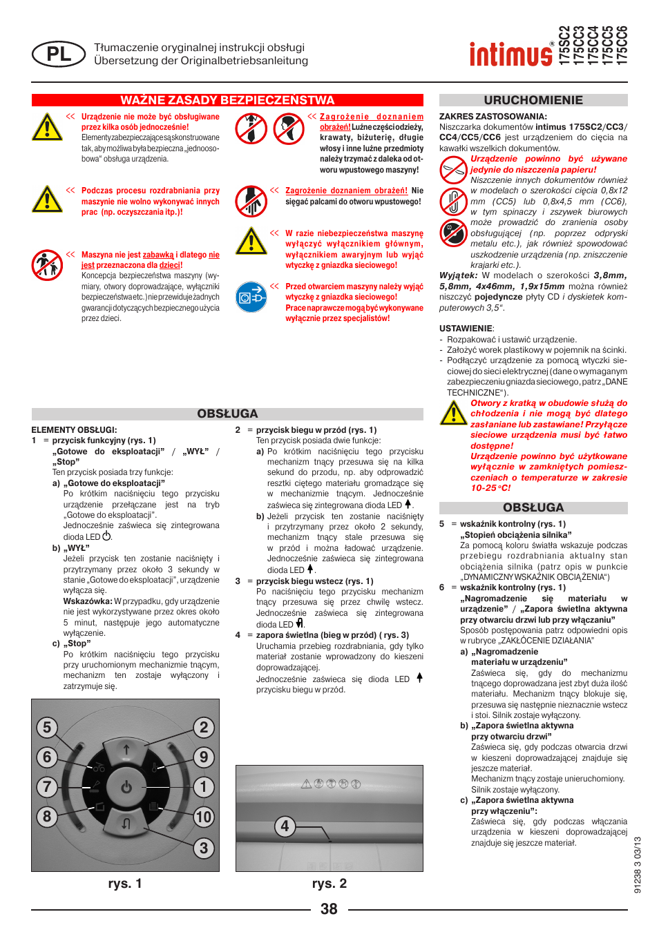 Rys. 1 rys. 2, Ważne zasady bezpieczeństwa, Obsługa uruchomienie | Obsługa | intimus 175 CC5 User Manual | Page 38 / 56