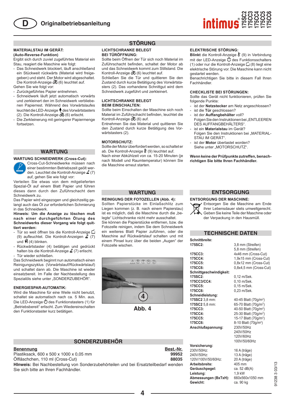 Originalbetriebsanleitung, Abb. 4, Technische daten | Wartung störung sonderzubehör, Entsorgung, Wartung | intimus 175 CC5 User Manual | Page 4 / 56
