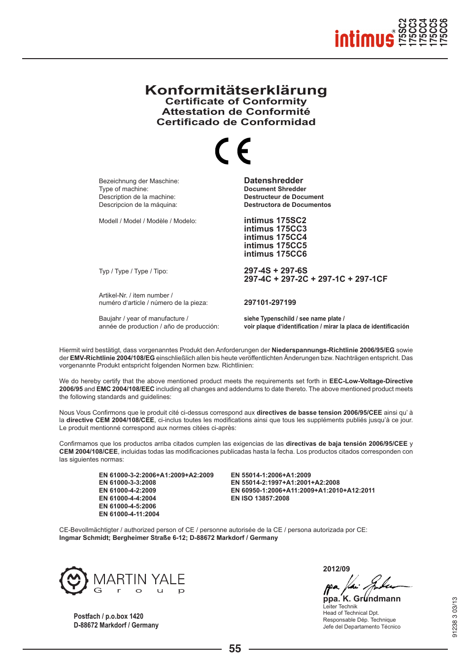 Konformitätserklärung | intimus 175 CC5 User Manual | Page 55 / 56