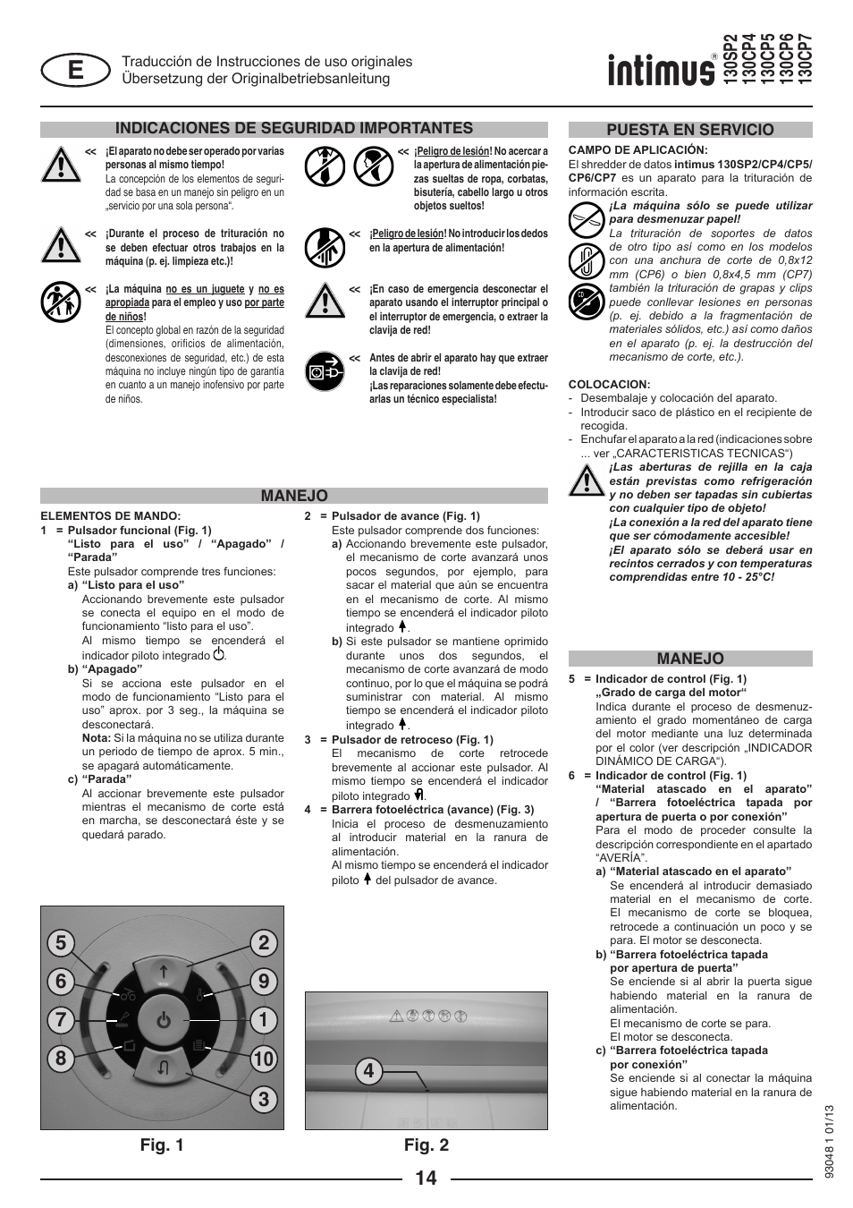 Fig. 2, Fig. 1, Indicaciones de seguridad importantes | Manejo puesta en servicio manejo | intimus 130 CP7 User Manual | Page 14 / 56