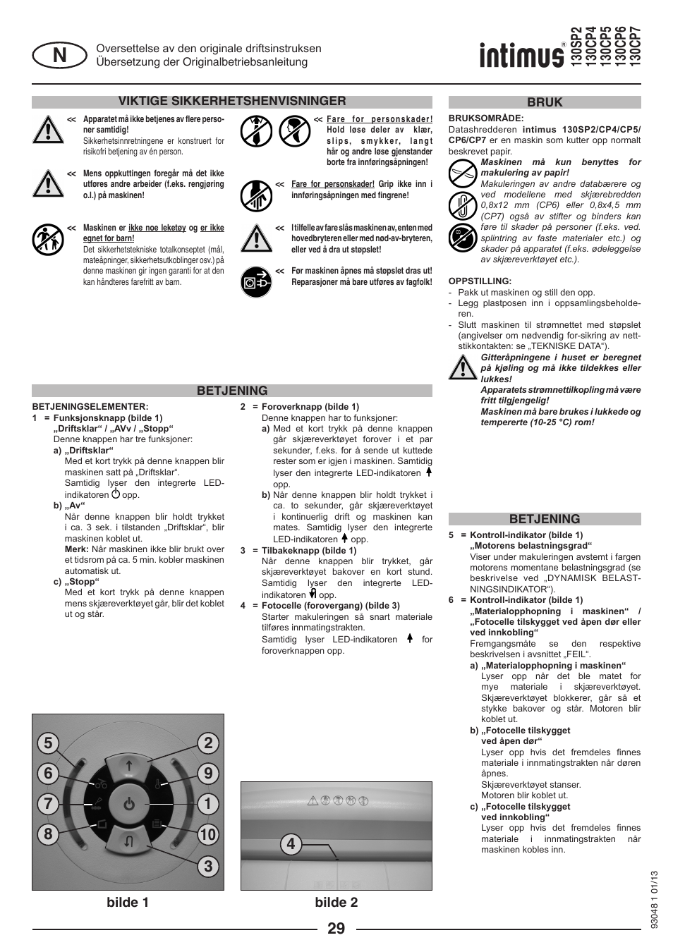 Bilde 1 bilde 2, Viktige sikkerhetshenvisninger, Betjening bruk betjening | intimus 130 CP7 User Manual | Page 29 / 56