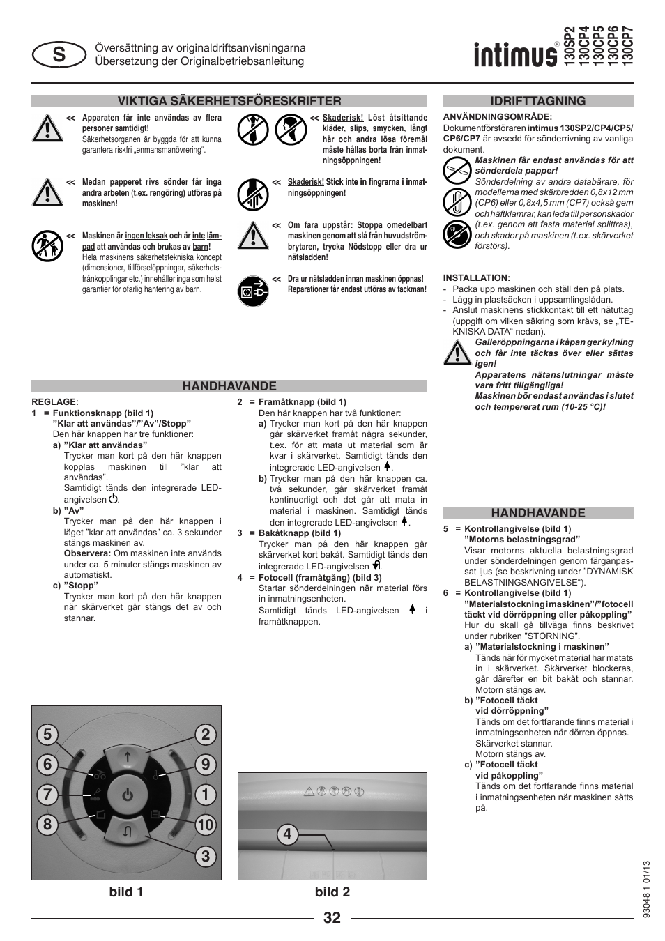 Bild 1 bild 2, Viktiga säkerhetsföreskrifter, Handhavande idrifttagning handhavande | intimus 130 CP7 User Manual | Page 32 / 56