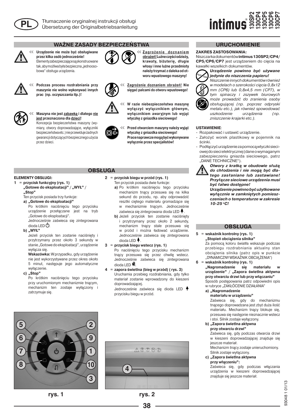 Rys. 1 rys. 2, Ważne zasady bezpieczeństwa, Obsługa uruchomienie obsługa | intimus 130 CP7 User Manual | Page 38 / 56