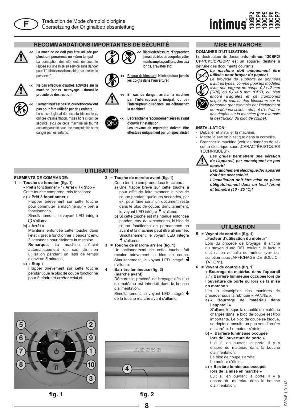 Fig. 1 fig. 2, Recommandations importantes de sécurité, Utilisation mise en marche utilisation | intimus 130 CP7 User Manual | Page 8 / 56