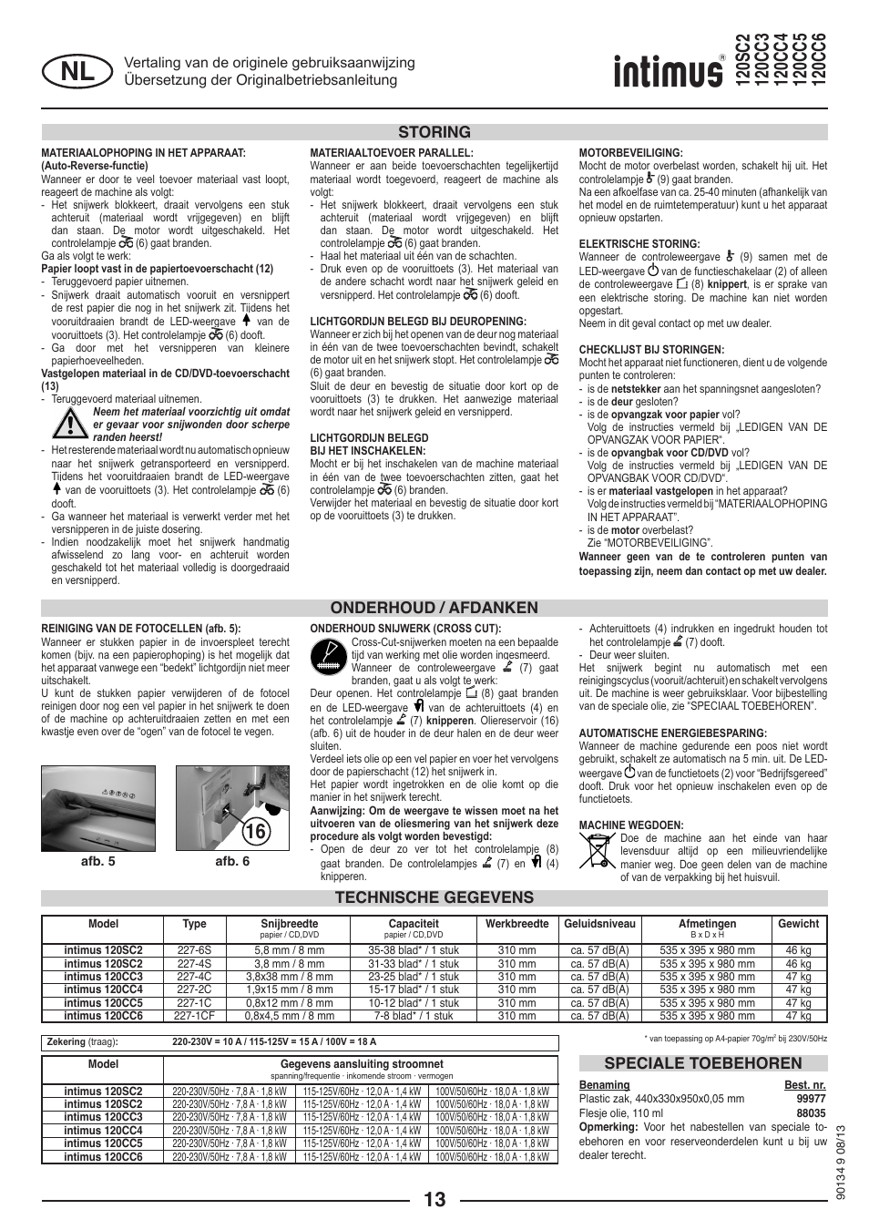Technische gegevens speciale toebehoren, Onderhoud / afdanken storing | intimus 120 CC4 User Manual | Page 13 / 56