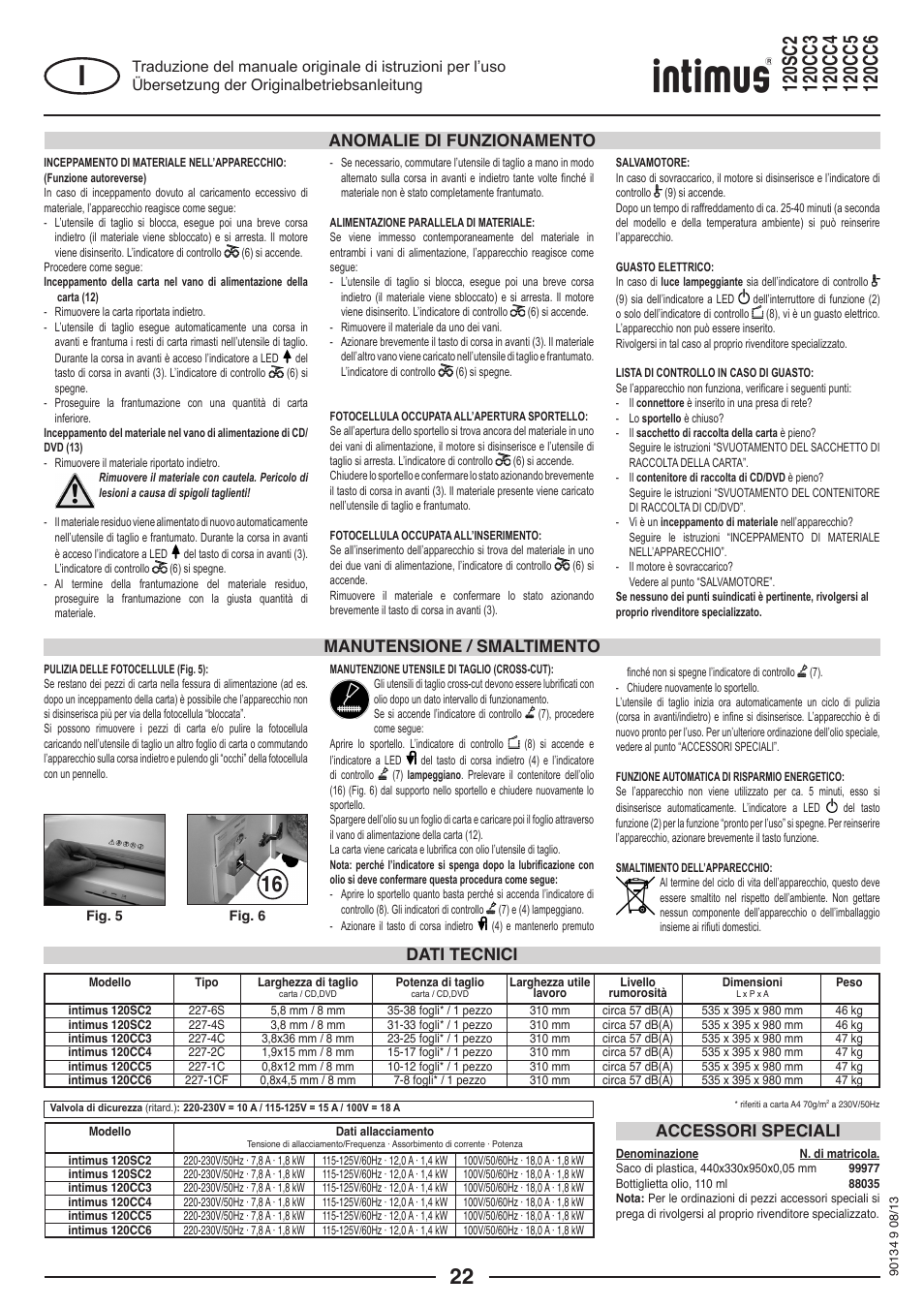 Dati tecnici accessori speciali | intimus 120 CC4 User Manual | Page 22 / 56