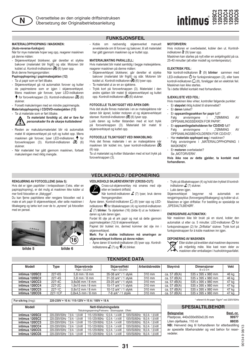 Tekniske data spesialtilbehør, Vedlikehold / deponering funksjonsfeil | intimus 120 CC4 User Manual | Page 31 / 56