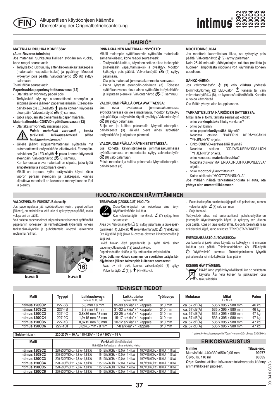 Tekniset tiedot erikoisvarustus, Huolto / koneen hävittäminen „hairiö | intimus 120 CC4 User Manual | Page 37 / 56