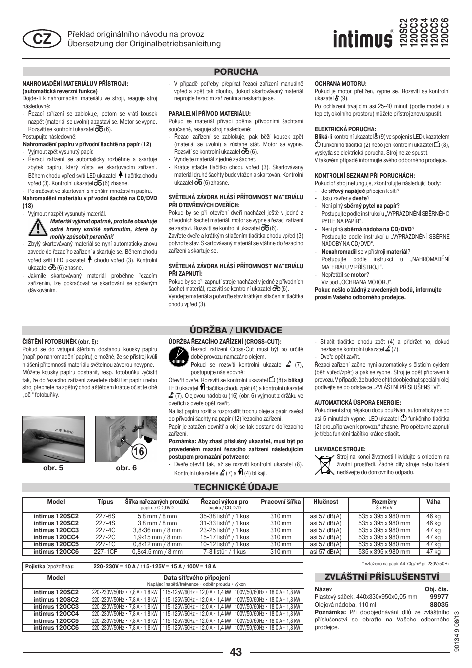 Technické údaje zvláštní příslušenství, Údržba / likvidace porucha | intimus 120 CC4 User Manual | Page 43 / 56
