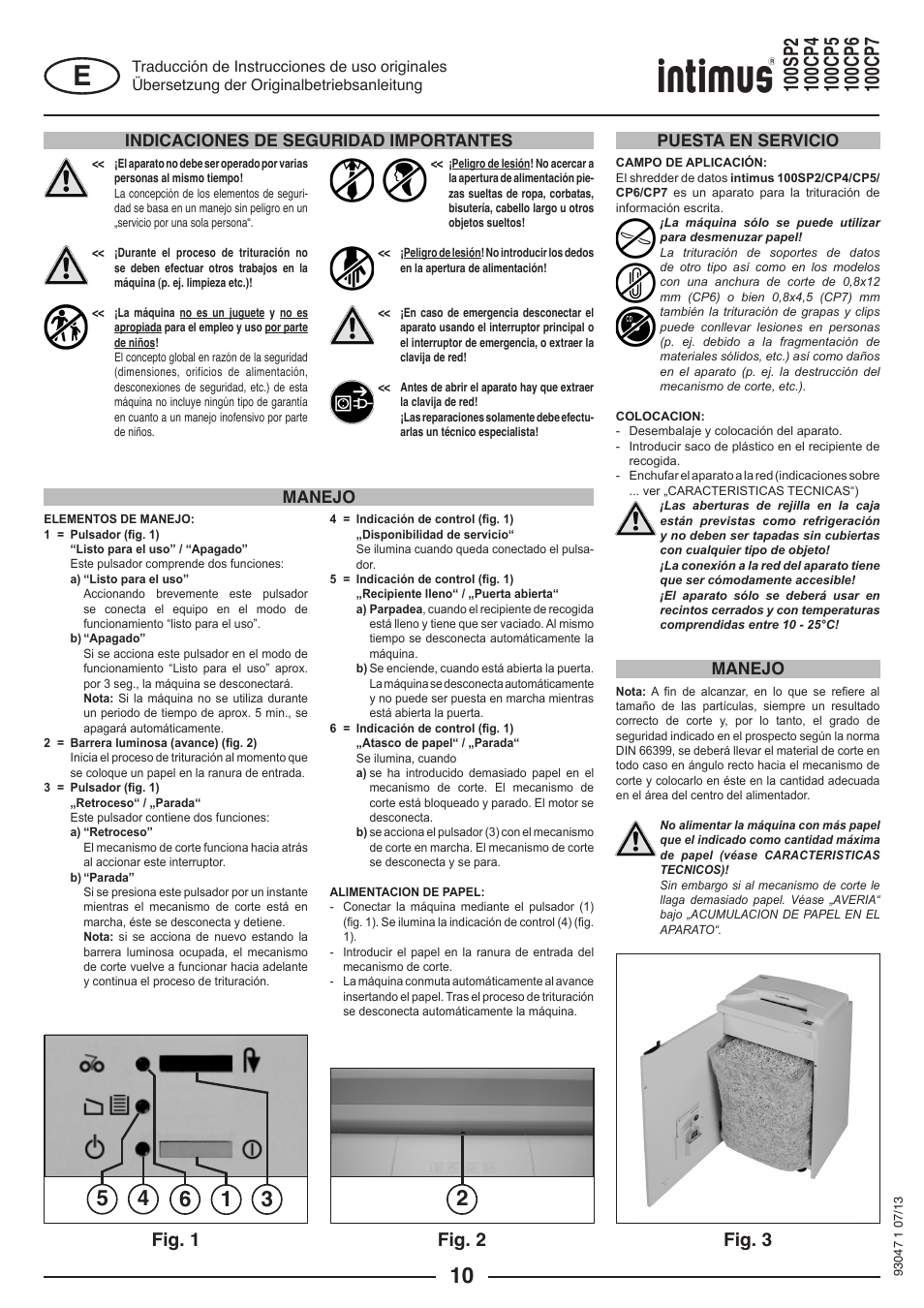 Fig. 1 fig. 2 fig. 3, Indicaciones de seguridad importantes, Puesta en servicio manejo manejo | intimus 100 CP7 User Manual | Page 10 / 36